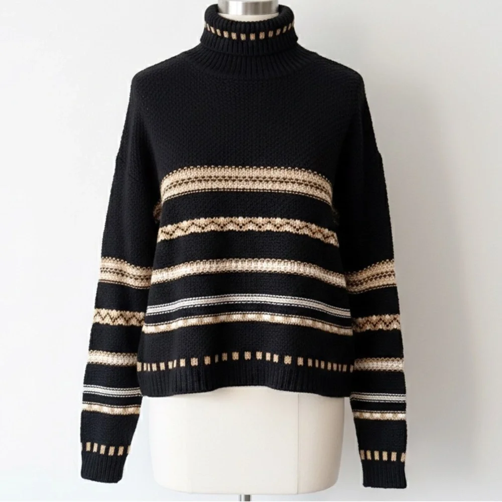 Vintage 90s Y2K Black Tan Striped Turtleneck Sweater Made in the USA Size Large